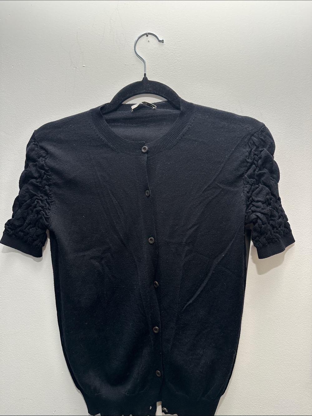 Prada Black Knit Short Sleeve Cardigan 3D Floral Ruffle Sleeve Made in ItalyIT40